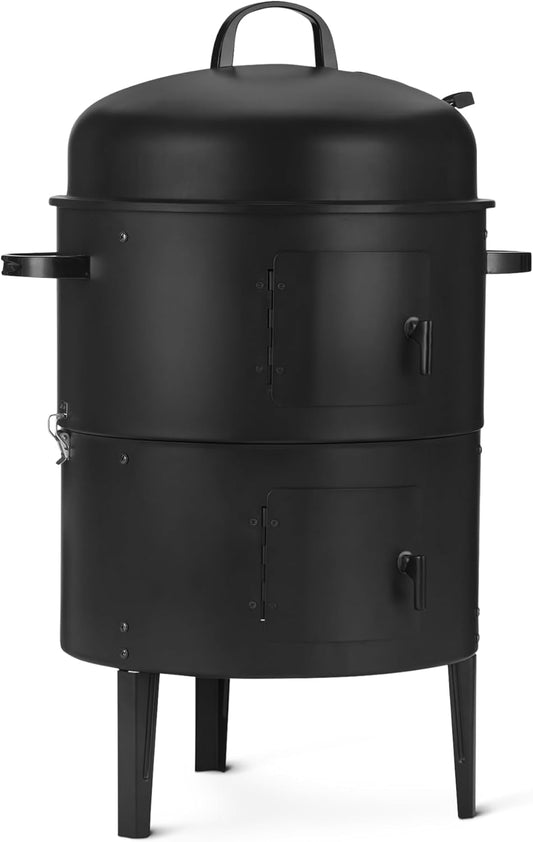 Outdoor-Räucherofen mit Eingebautem Thermometer, 2 Ebenen, Einstellbare Luftzufuhr, 40,6cm, Schwarz