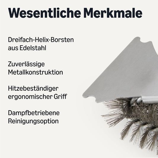 Grillbürste aus Edelstahl – 3-fach Helix-Borsten mit Schaber, Langer Griff & Aufhängering
