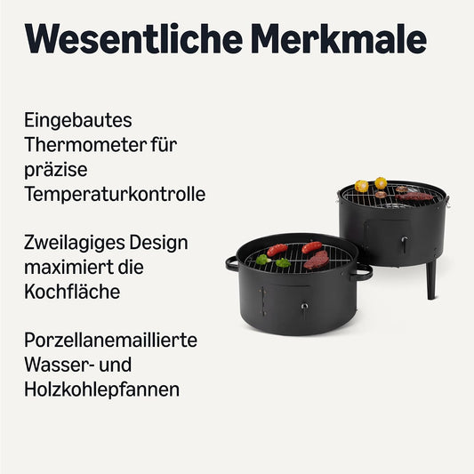 Outdoor-Räucherofen mit Eingebautem Thermometer, 2 Ebenen, Einstellbare Luftzufuhr, 40,6cm, Schwarz